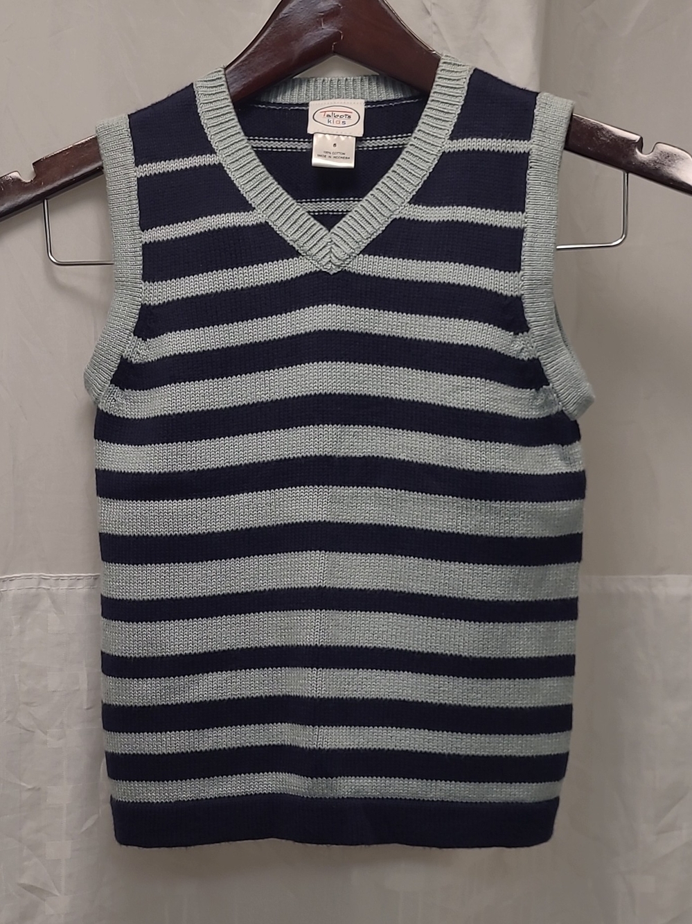 Talbots Navy & Light Gray Striped V-Neck Sweater Vest 100% Cotton Size 6